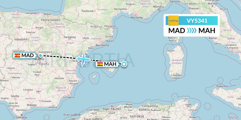 VY5341 Vueling Flight Map: Madrid to Mahon