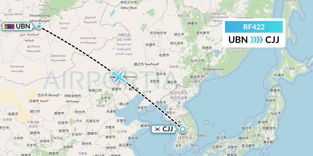 RF422 Aero K Airlines Flight Map: Ulan Bator to Cheongju