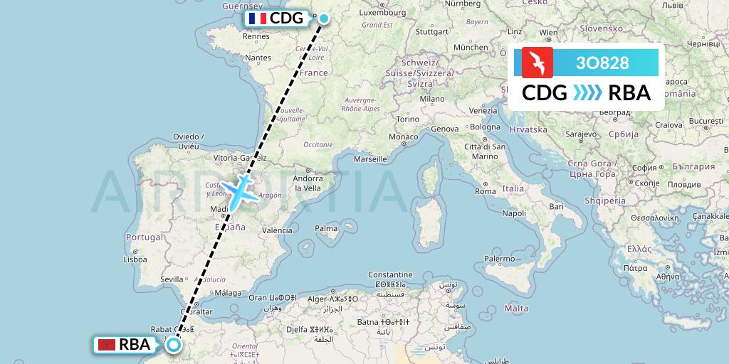 3O828 Air Arabia Maroc Flight Map: Paris to Rabat