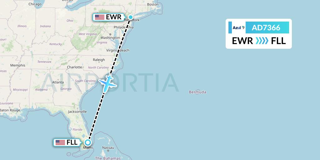 AD7366 Azul Brazilian Airlines Flight Map: New York to Fort Lauderdale
