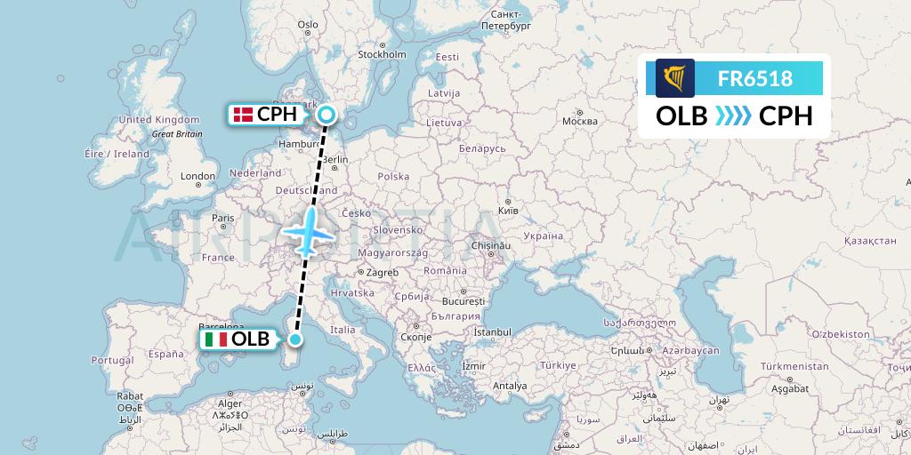 FR6518 Ryanair Flight Map: Olbia to Copenhagen