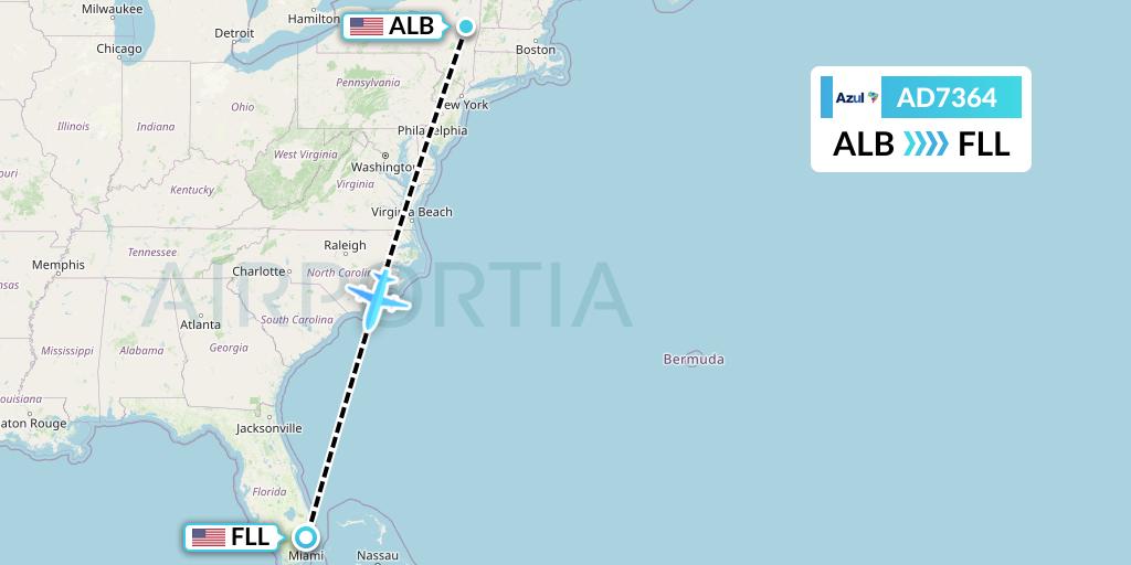 AD7364 Azul Brazilian Airlines Flight Map: Albany to Fort Lauderdale