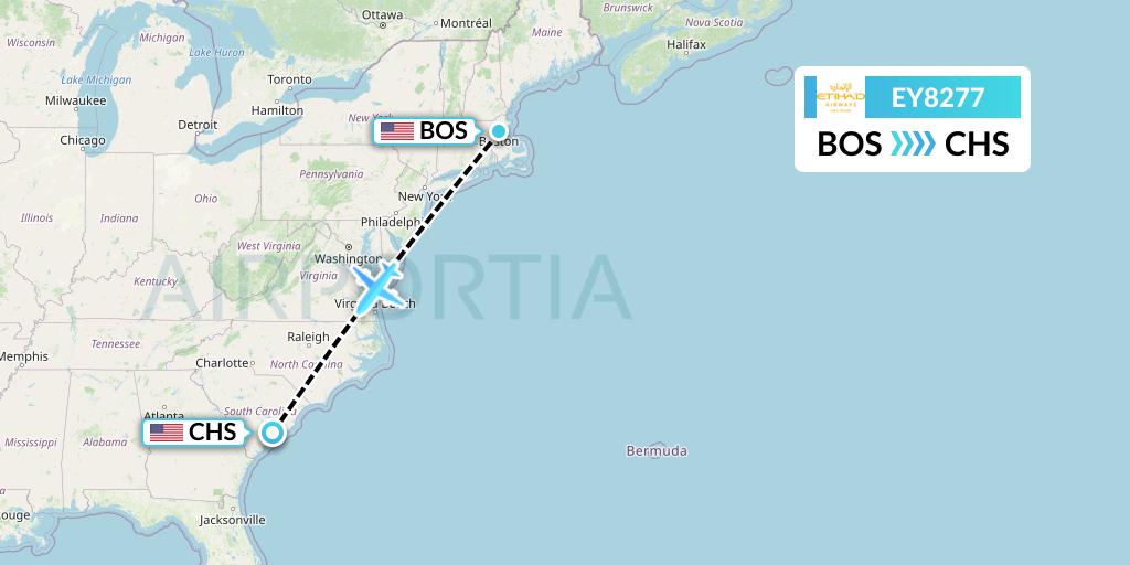 EY8277 Etihad Airways Flight Map: Boston to Charleston