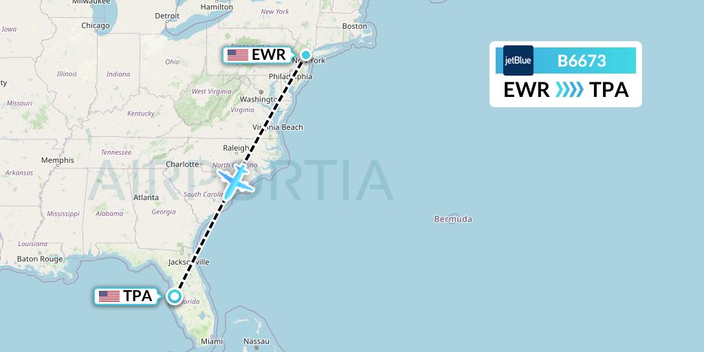 B6673 JetBlue Airways Flight Map: New York to Tampa