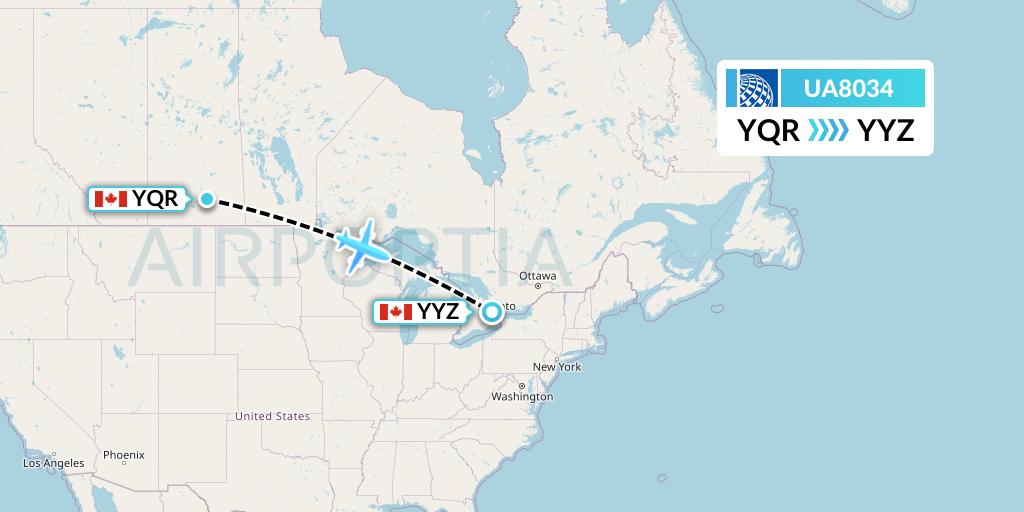 UA8034 United Airlines Flight Map: Regina to Toronto