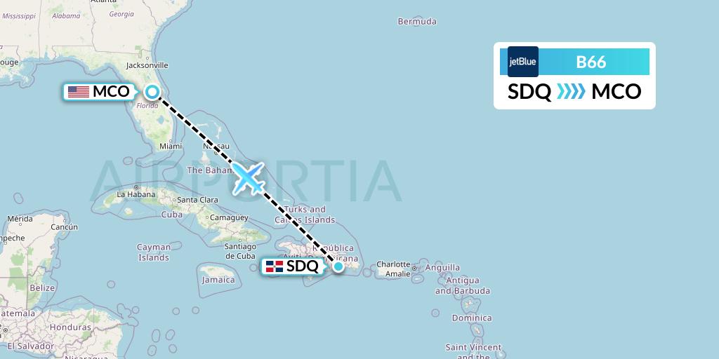 B66 JetBlue Airways Flight Map: Santo Domingo to Orlando