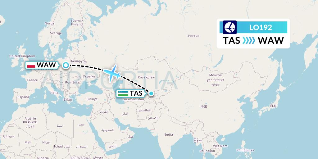 LO192 LOT Flight Map: Tashkent to Warsaw