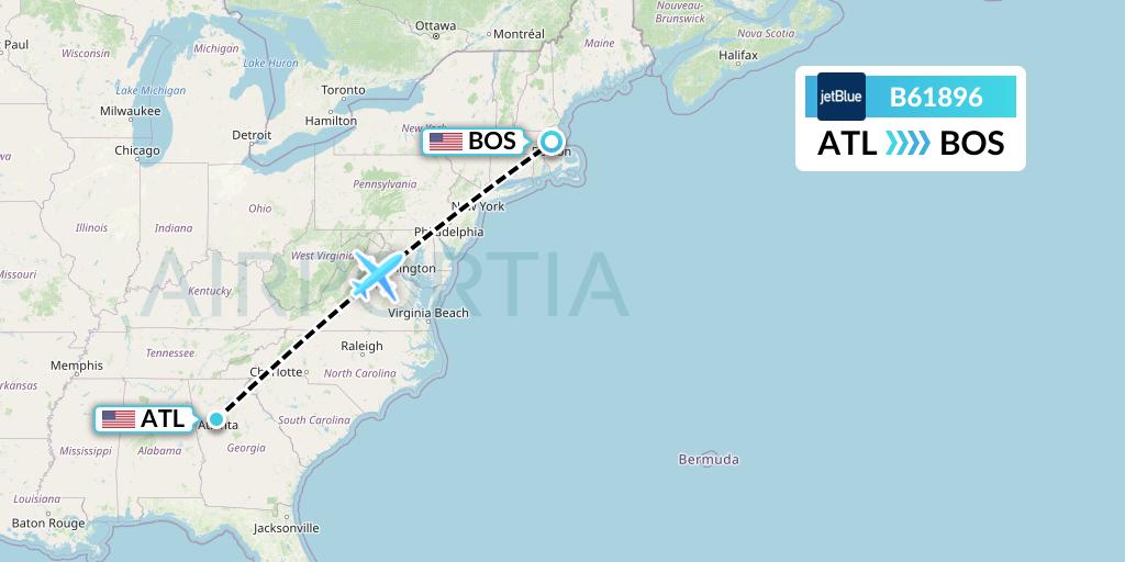 B61896 JetBlue Airways Flight Map: Atlanta to Boston