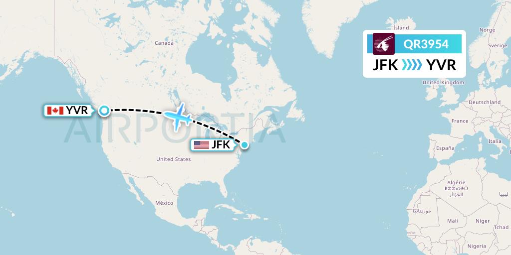 QR3954 Qatar Airways Flight Map: New York to Vancouver
