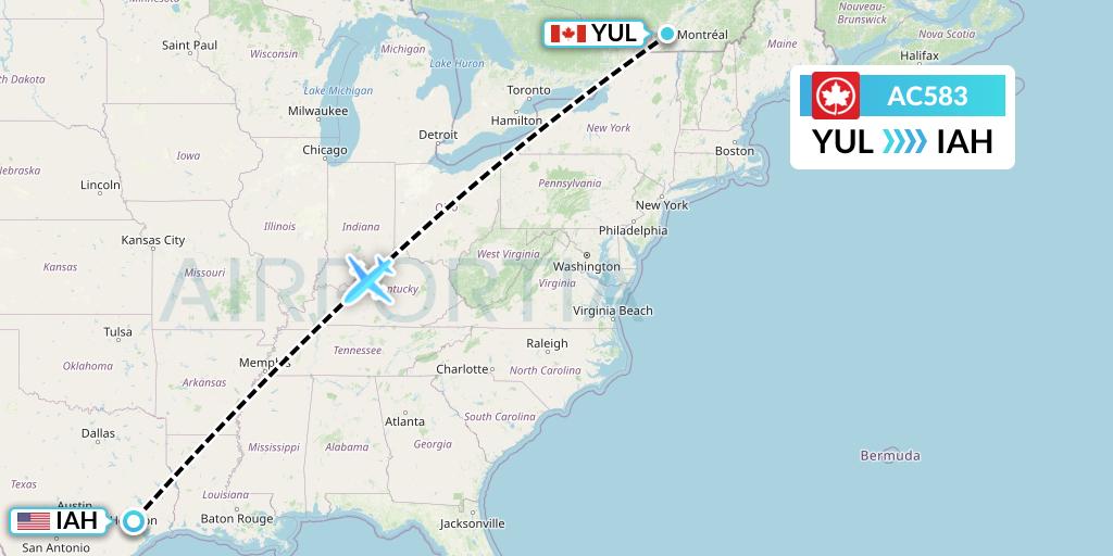 AC583 Air Canada Flight Map: Montreal to Houston