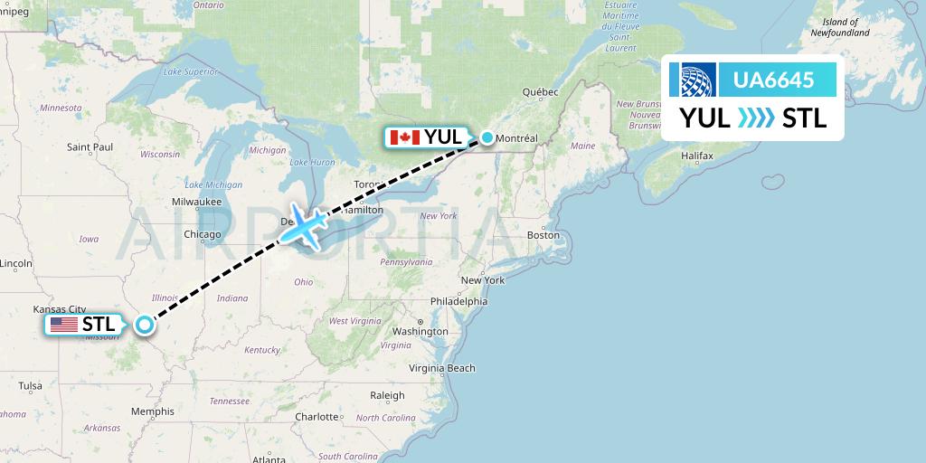 UA6645 United Airlines Flight Map: Montreal to St. Louis