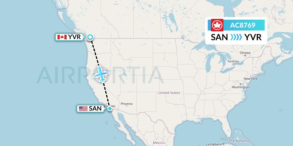 AC8769 Air Canada Flight Map: San Diego to Vancouver