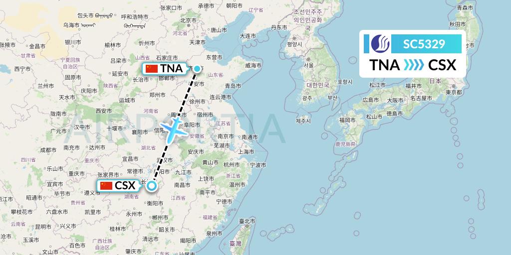 SC5329 Shandong Airlines Flight Map: Jinan to Changsha