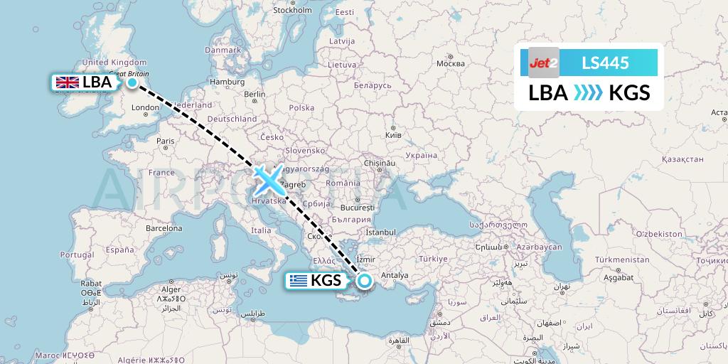 LS445 Jet2 Flight Map: Leeds to Kos
