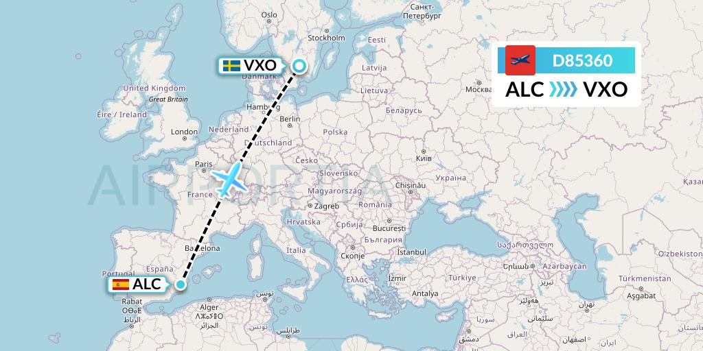 D85360 Norwegian Air International Flight Map: Alicante to Vaxjo