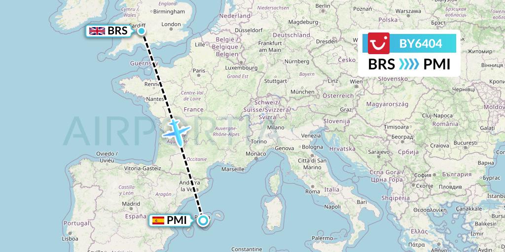 BY6404 TUI Airways Flight Map: Bristol to Palma de Mallorca