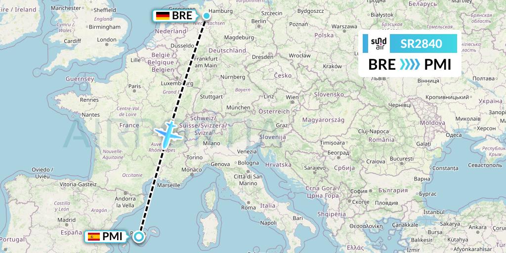 SR2840 SundAir Flight Map: Bremen to Palma de Mallorca