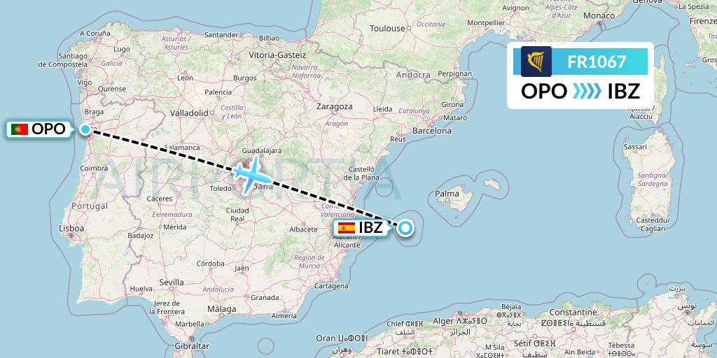 FR1067 Ryanair Flight Map: Porto to Ibiza