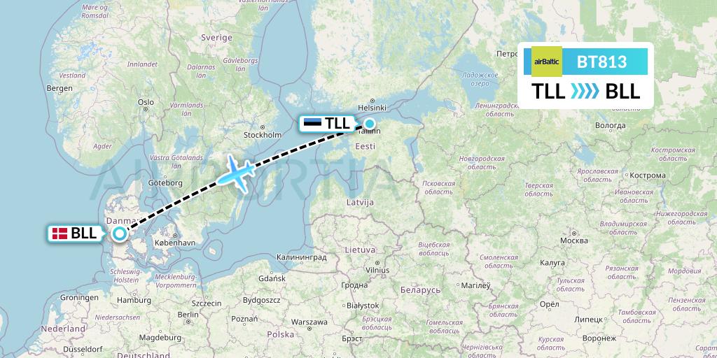 BT813 Air Baltic Flight Map: Tallinn to Billund