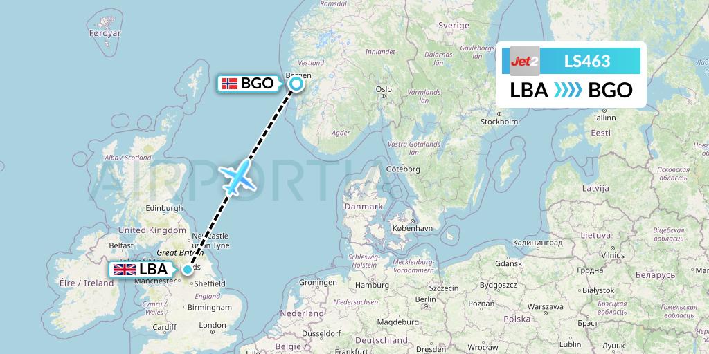 LS463 Jet2 Flight Map: Leeds to Bergen