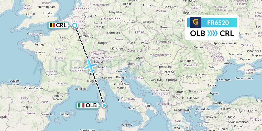 FR6520 Ryanair Flight Map: Olbia to Brussels