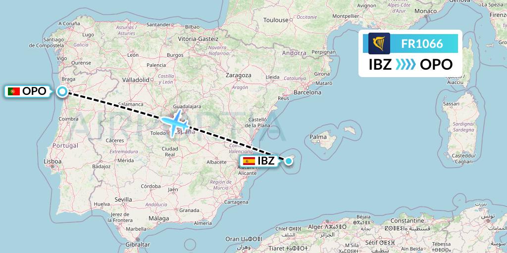 FR1066 Ryanair Flight Map: Ibiza to Porto