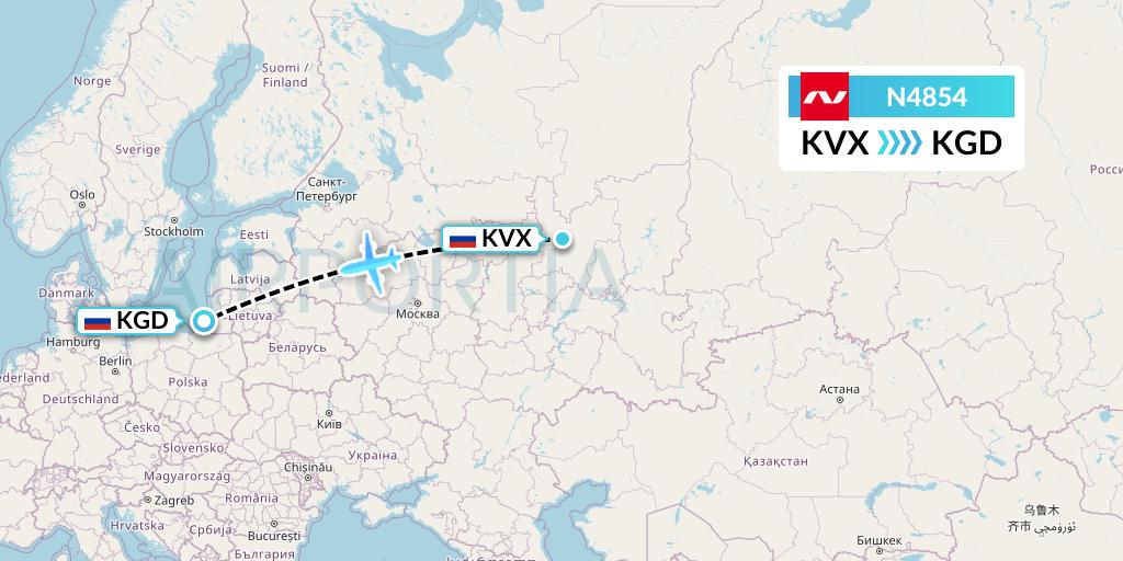 N4854 Nordwind Airlines Flight Map: Kirov to Kaliningrad