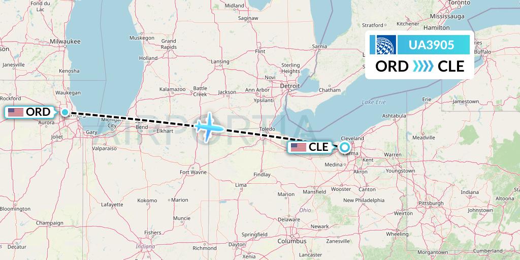 UA3905 United Airlines Flight Map: Chicago to Cleveland