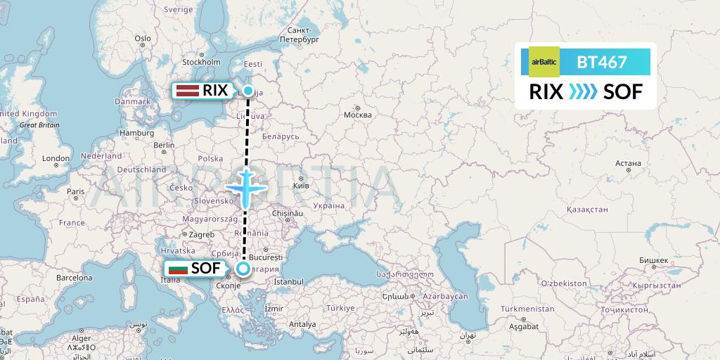 BT467 Air Baltic Flight Map: Riga to Sofia