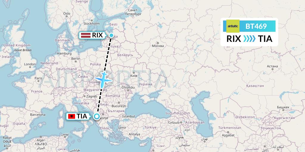 BT469 Air Baltic Flight Map: Riga to Tirana