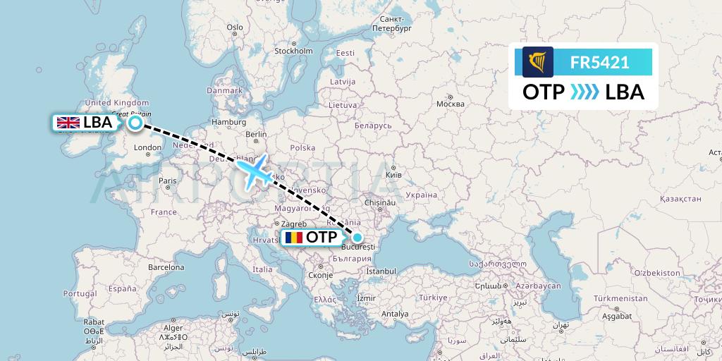 FR5421 Ryanair Flight Map: Bucharest to Leeds
