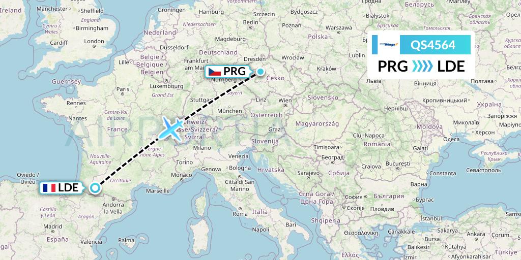 QS4564 Smartwings Flight Map: Prague to Tarbes