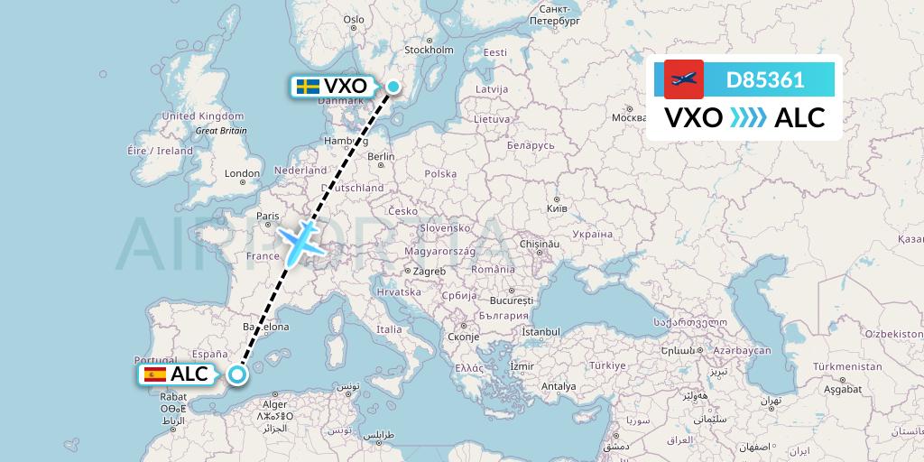 D85361 Norwegian Air International Flight Map: Vaxjo to Alicante