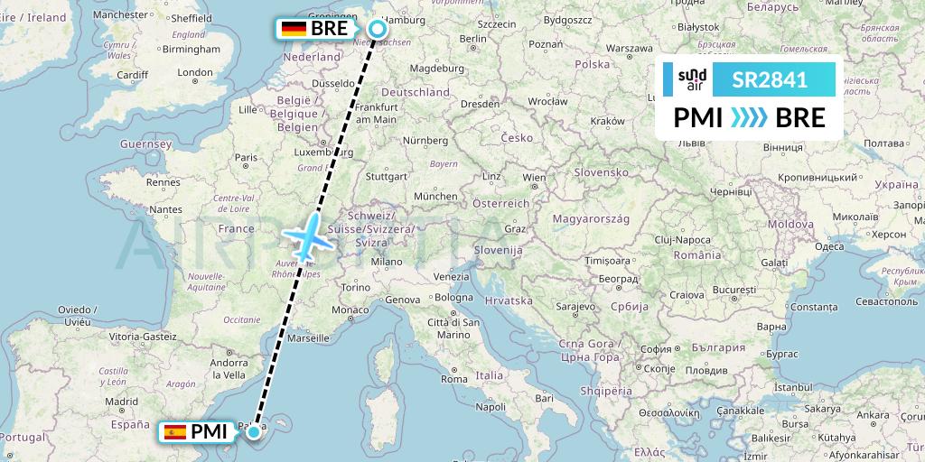 SR2841 SundAir Flight Map: Palma de Mallorca to Bremen
