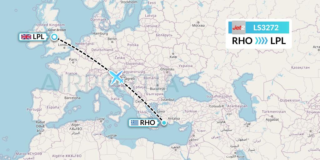 LS3272 Jet2 Flight Map: Rhodes to Liverpool
