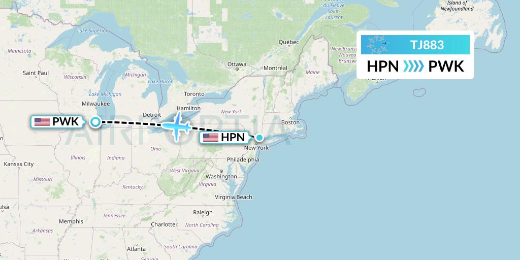 TJ883 Tradewind Aviation Flight Map: White Plains to Chicago