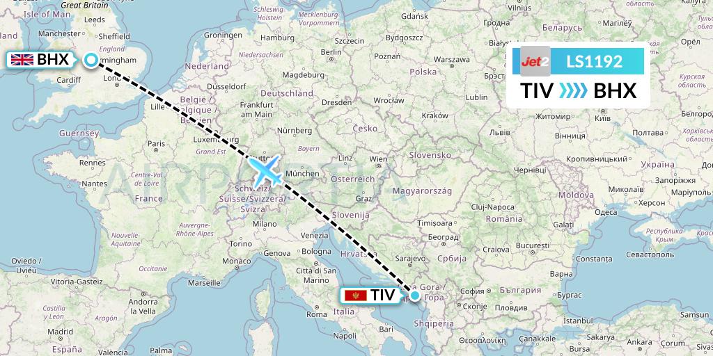 LS1192 Jet2 Flight Map: Tivat to Birmingham