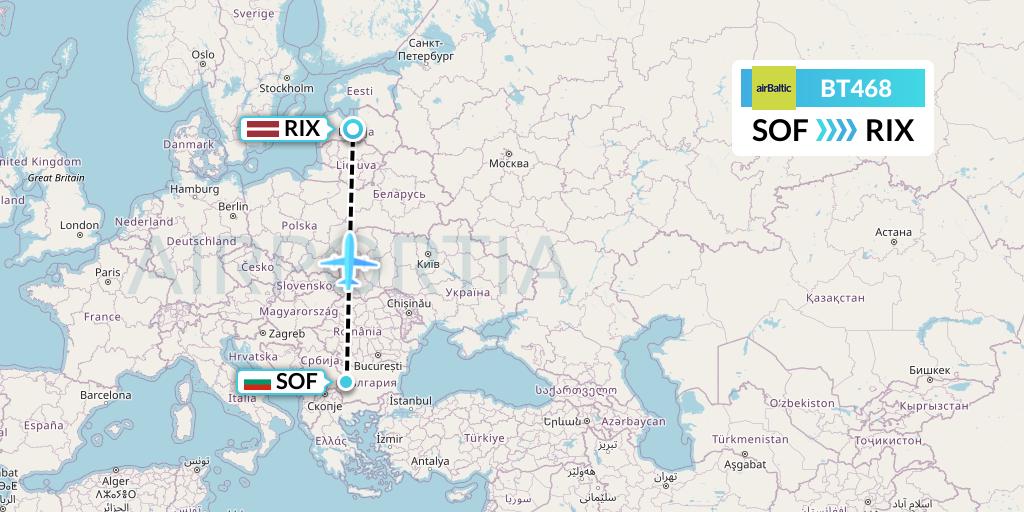 BT468 Air Baltic Flight Map: Sofia to Riga