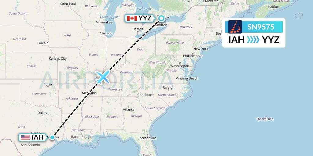 SN9575 Brussels Airlines Flight Map: Houston to Toronto