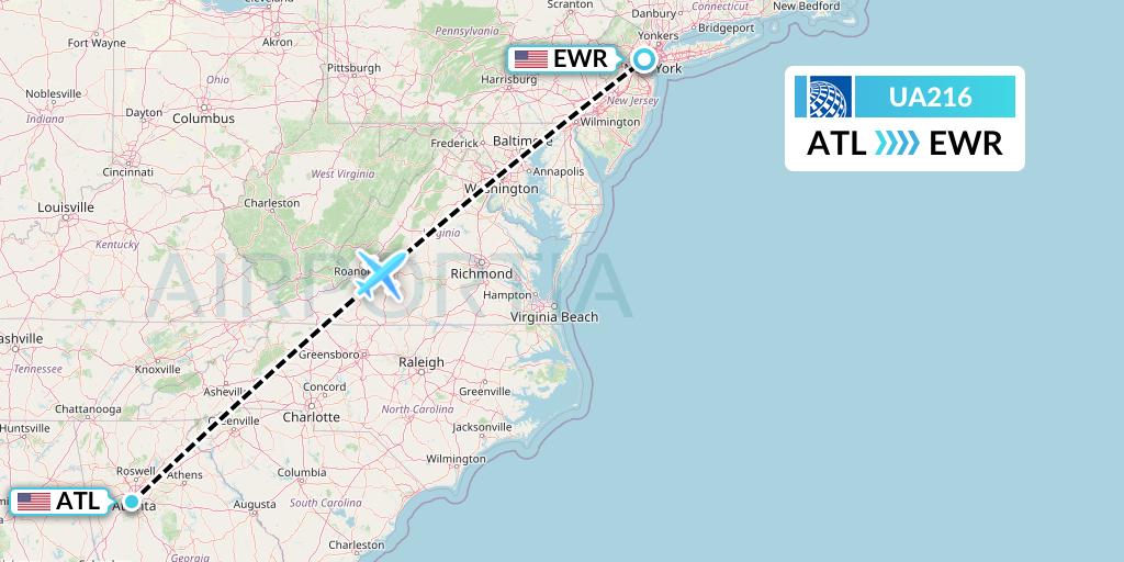 UA216 United Airlines Flight Map: Atlanta to New York
