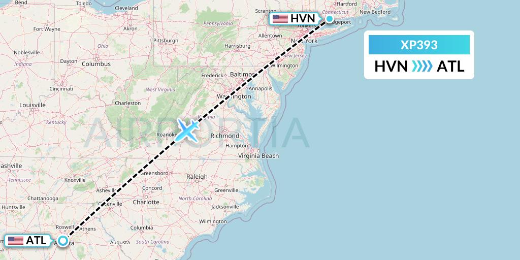 XP393 Avelo Airlines Flight Map: New Haven to Atlanta