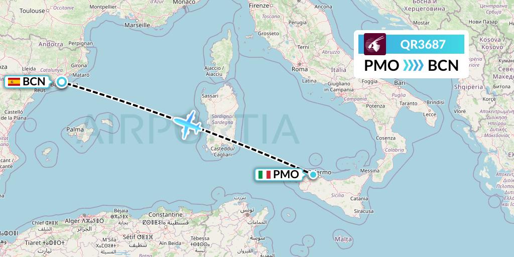 QR3687 Qatar Airways Flight Map: Palermo to Barcelona
