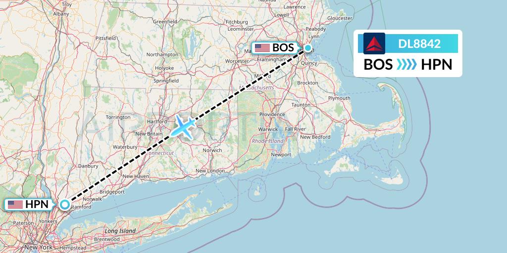DL8842 Delta Air Lines Flight Map: Boston to White Plains