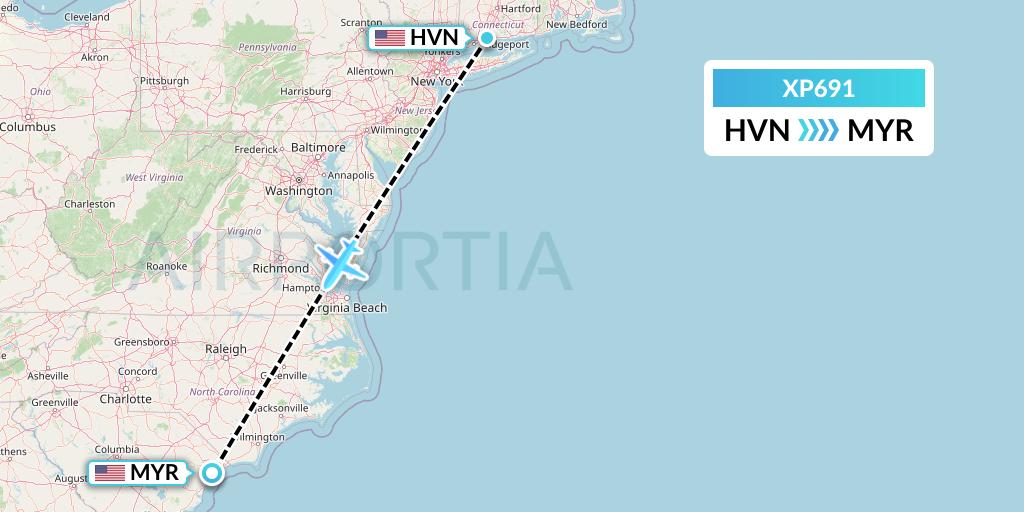 XP691 Avelo Airlines Flight Map: New Haven to Myrtle Beach