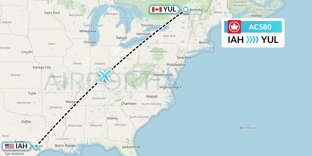 AC580 Air Canada Flight Map: Houston to Montreal
