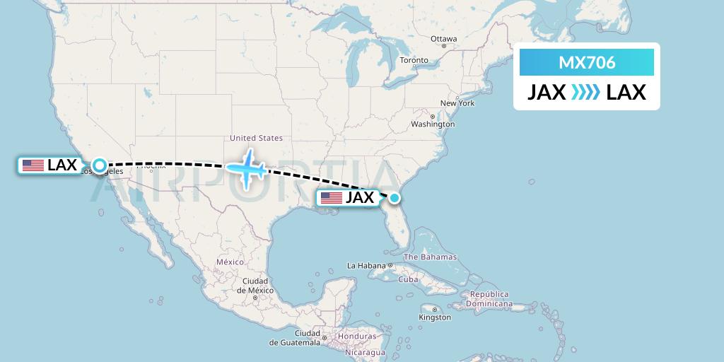 MX706 Breeze Airways Flight Map: Jacksonville to Los Angeles