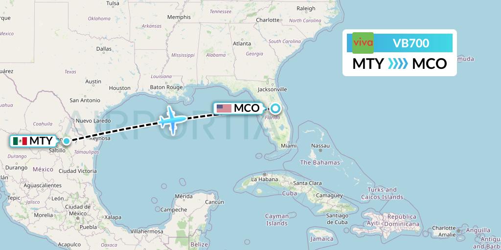 VB700 VivaAerobus Flight Map: Monterrey to Orlando