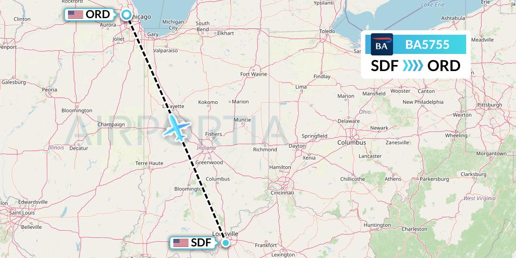 BA5755 British Airways Flight Map: Louisville to Chicago
