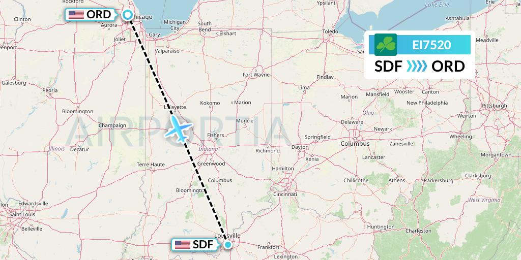 EI7520 Aer Lingus Flight Map: Louisville to Chicago