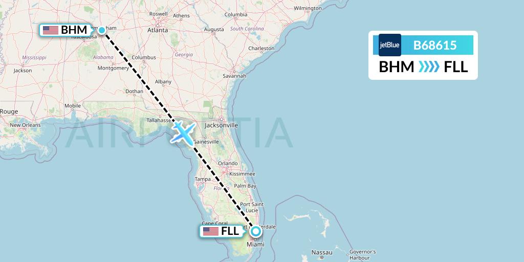 B68615 JetBlue Airways Flight Map: Birmingham to Fort Lauderdale